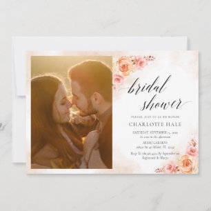 Elegant Persika Akvarell Blommig Foto Bröllopsdusc Inbjudningar