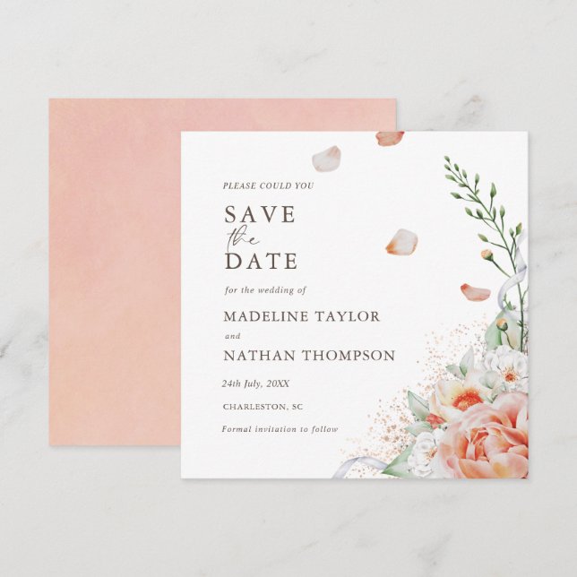 Elegant Persika Blommigt Vattenfärg Spara datum Datumet (Fram/baksida)