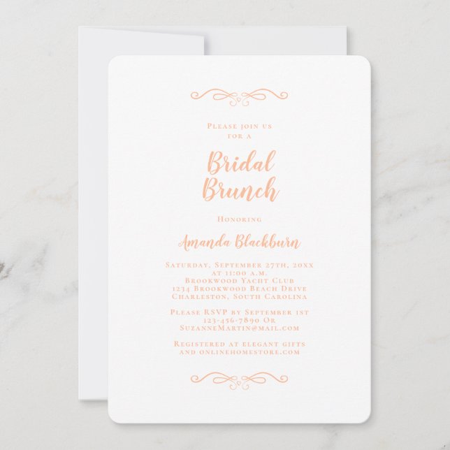 Elegant Persika Kalligrafi Bröllopsbrunch Inbjudningar (Framsida)