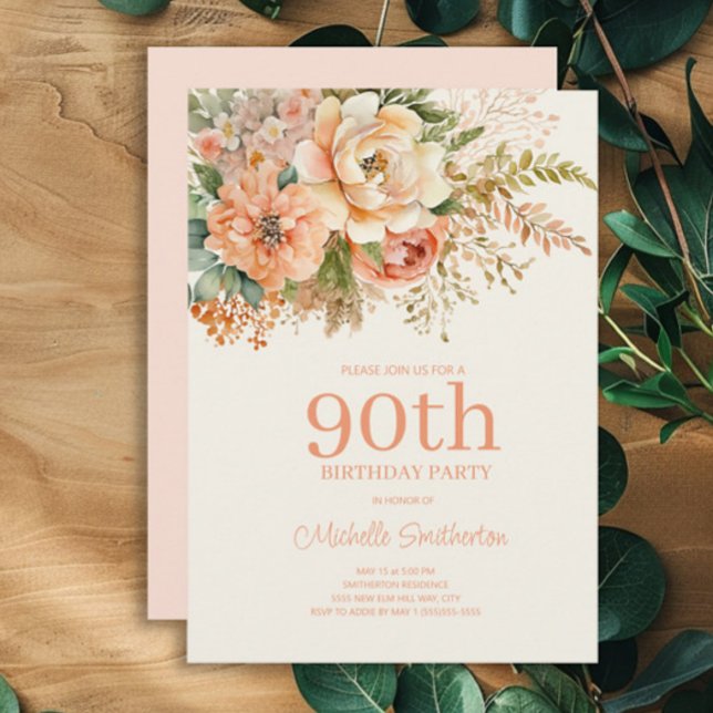 Elegant persika kräm blom- 90-års födelsedag inbjudningar (Peach and cream watercolor floral 90th birthday party invitation)