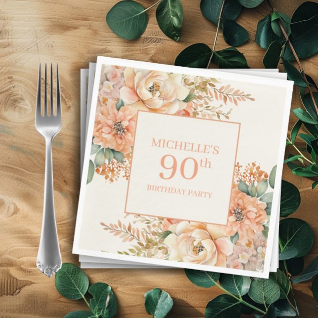 Elegant persika kräm blom- 90-års födelsedag pappersservett (Peach and cream-colored watercolor floral birthday party paper napkins)