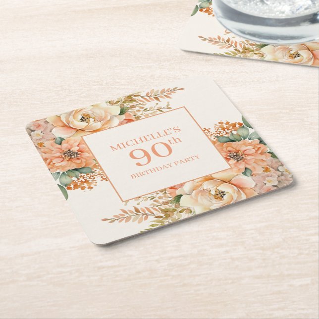 Elegant persika kräm blom- 90-års födelsedag underlägg papper kvadrat (Vinklad)