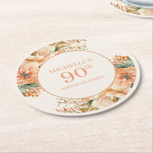 Elegant persika kräm blom- 90-års födelsedag underlägg papper rund