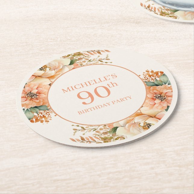 Elegant persika kräm blom- 90-års födelsedag underlägg papper rund (Vinklad)