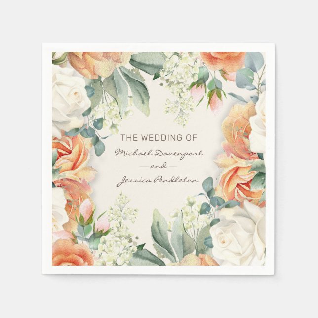 Elegant Persika Kräm Blommig Eukalyptus Bröllop Pappersservett (Framsidan)