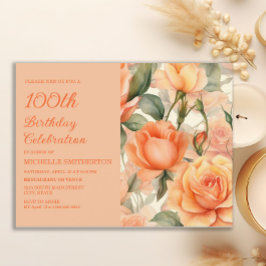 Elegant Persika Orange Blommig Rosor 100-årsdag Inbjudan Vykort