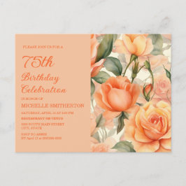 Elegant Persika Orange Blommig Rosor 75-årsdag Inbjudan Vykort