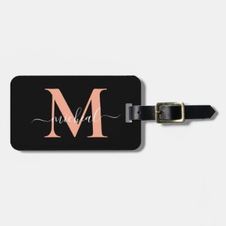 Elegant Persika & Svart Monogram Skriptnamn Bagagebricka