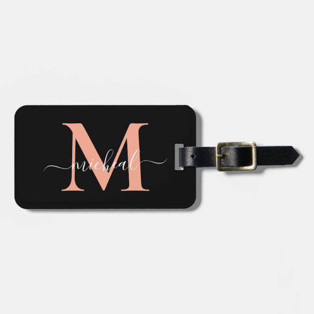 Elegant Persika & Svart Monogram Skriptnamn Bagagebricka (Horisontell Framsida)