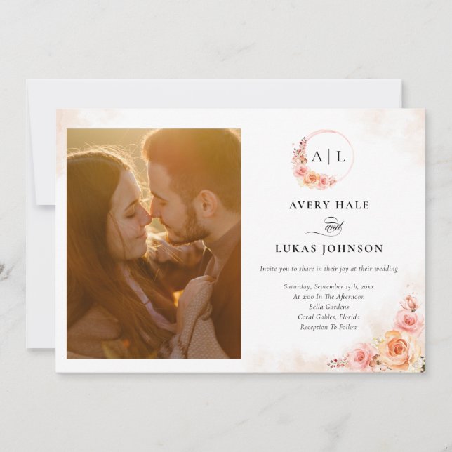 Elegant persikoblush blommonogram foto bröllop inbjudningar (Framsida)