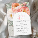 Elegant Persikofärgad Blommigt Feminin 40: e födel Inbjudningar<br><div class="desc">Med elegant charm är den här blommigten med persikor och vita vattenfärger 40-årsdagen ett vackert val för att fira en speciell milstolpe-födelsedag. Den har en underbar bukett av persiko- och elfenbensvita vattenfärgspennor, eukalyptus och fjällande grej på neutraltens ljusa grönt bakgrund. Trendig ansikte-par och ett bågformat ram gör att texten visas...</div>