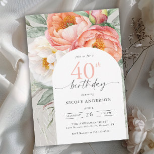 Elegant Persikofärgad Blommigt Feminin 40: e födel Inbjudningar
