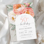 Elegant Persikofärgad Blommigt Feminin 50: e födel Inbjudningar<br><div class="desc">Med elegant charm är den här blommigten med persikor och vita vattenfärger på 50 års födelsedag ett vackert val för att fira en speciell milstolpe-födelsedag. Den har en underbar bukett av persiko- och elfenbensvita vattenfärgspennor, eukalyptus och fjällande grej på neutraltens ljusa grönt bakgrund. Trendig ansikte-par och ett bågformat ram gör...</div>