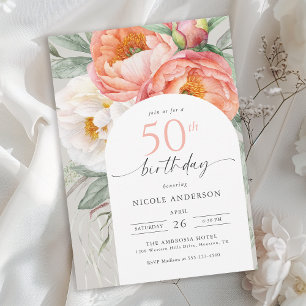 Elegant Persikofärgad Blommigt Feminin 50: e födel Inbjudningar