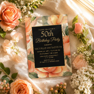 Elegant persikofärgad blomster svart guld inbjudningar
