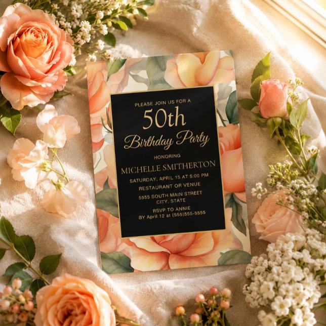 Elegant persikofärgad blomster svart guld  inbjudningar (Peach roses on black and gold 50th birthday invitation)