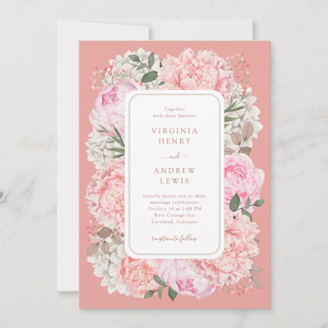 Elegant persikofärgad bröllop med blommor inbjudningar (Framsida)
