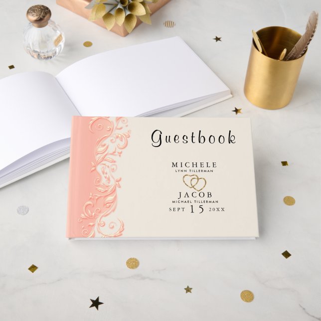Elegant Persikofärgade Blommönster Virvlar Gästböcker (Framsida öppen)