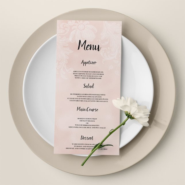 Elegant persikovit blomma snöre ram Bröllop Menu Program (Elegant peach white flower lace frame Wedding Menu )