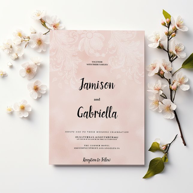 Elegant persikovitlök snöre ram Bröllop Inbjudningar (Elegant peach white flower lace frame Wedding )