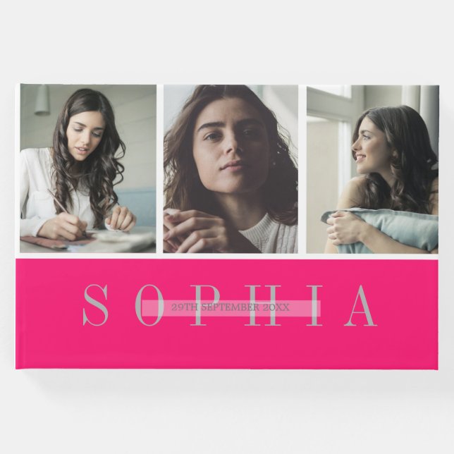 Elegant Personal 3 Photo Bat mitzvah Rosa Gästböcker (Framsida)