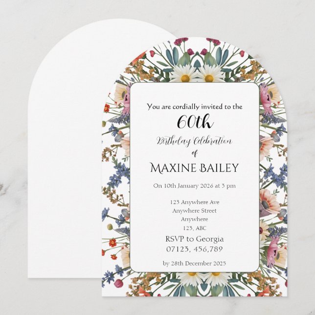 Elegant Personalised Floral Arch 60th Birthday Inbjudningar (Fram/baksida)