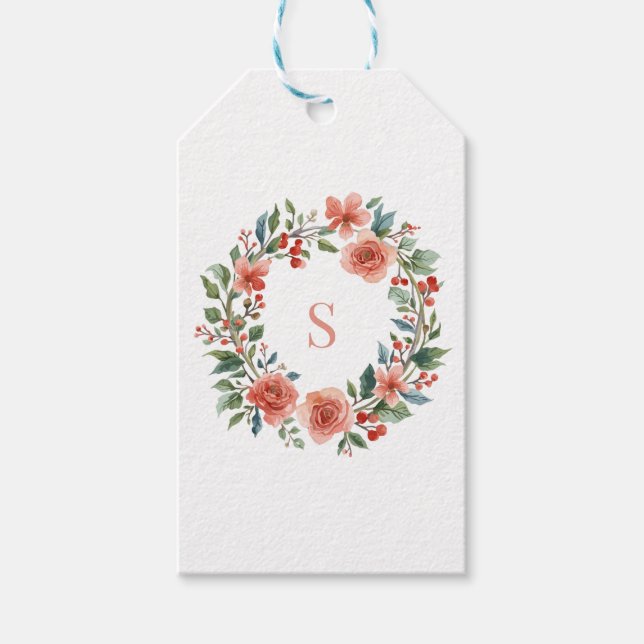 Elegant Personalised Floral Watercolour Monogram   Presentetikett (Framsidan)
