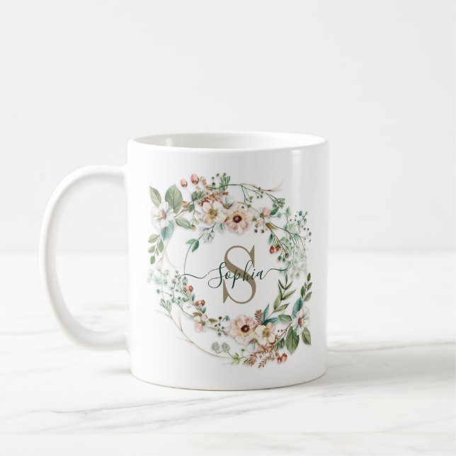 Elegant Personalized Floral Monogram Name Gift Kaffemugg (Vänster)