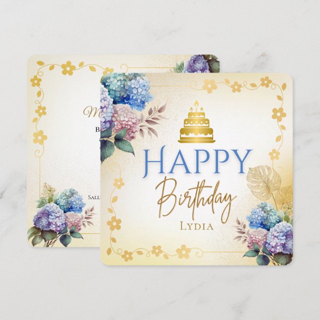 Elegant Personalized Hydrangea Flat Birthday Kort (Fram/baksida)