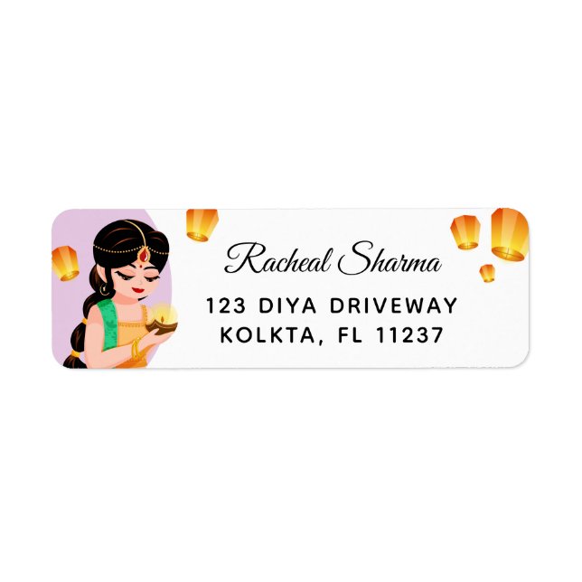 Elegant Personalized Indian Girl Diwali Returadress Etikett (Framsidan)