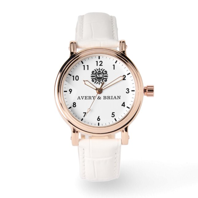 Elegant Personalized White & Black Monogram custom Armbandsur (Framsida)