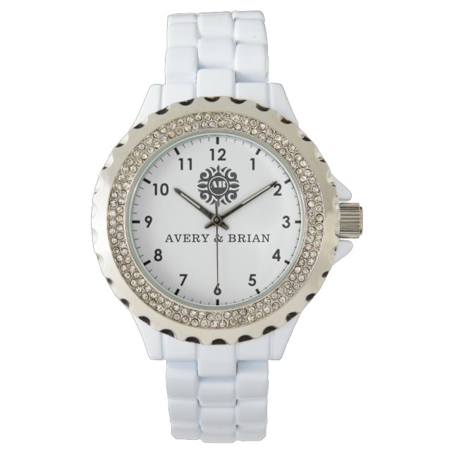 Elegant Personalized White & Black Monogram custom Armbandsur (Framsida)