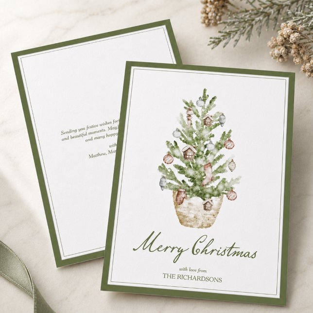 Elegant Personlig Akvarell Julgran Julkort (elegant nostalgic grandmillennial sage green Christmas tree merry Christmas card with custom message)