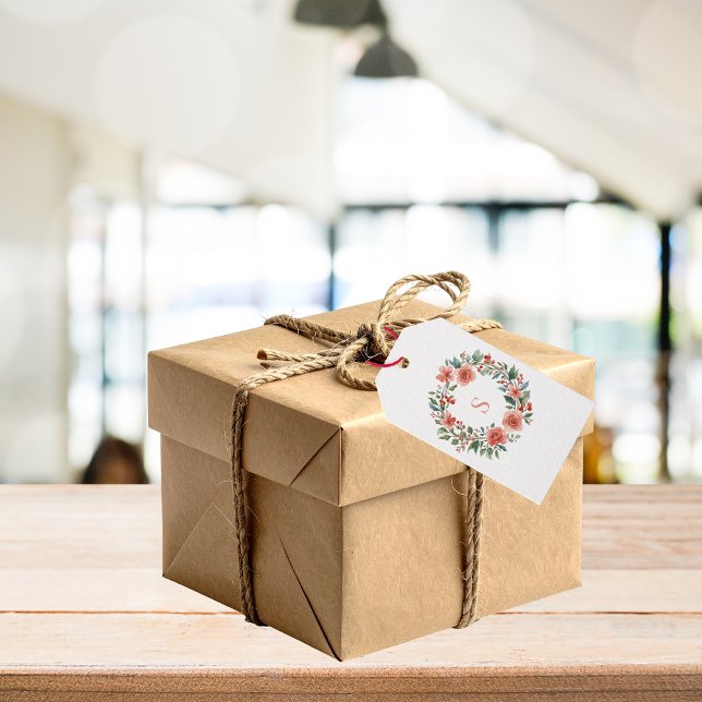 Elegant Personlig Blommig Akvarellmonogram   Presentetikett (Floral Wreath Gift Tag)