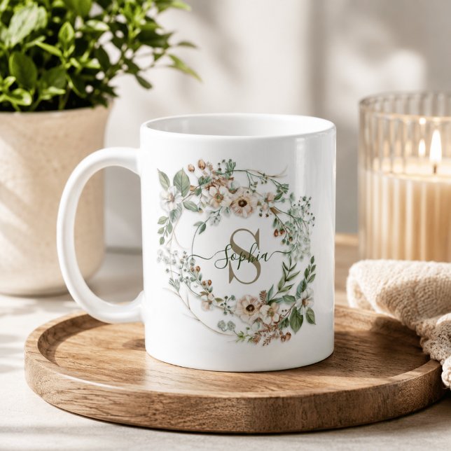 Elegant Personlig Blommig Monogram Namn Present Kaffemugg (Skapare uppladdad)