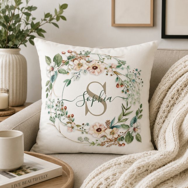 Elegant Personlig Blommig Monogramnamn Kudde (Skapare uppladdad)