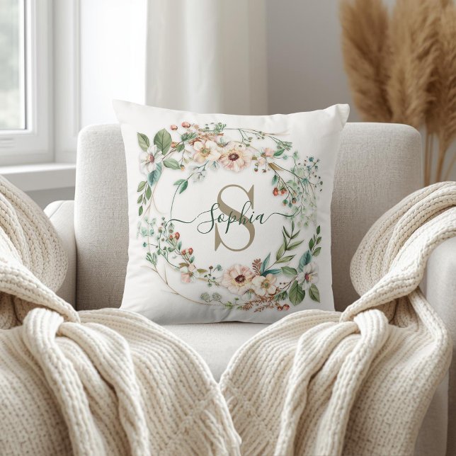 Elegant Personlig Blommig Monogramnamn Kudde (Skapare uppladdad)
