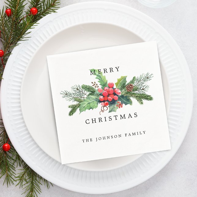 Elegant Personlig Blommigtar för vattenfärgsjul Pappersservett (Elegant Watercolor Christmas Florals Personalized Napkins)