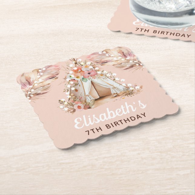Elegant Personlig Bohemian Girl Birthday Underlägg Papper (Vinklad)
