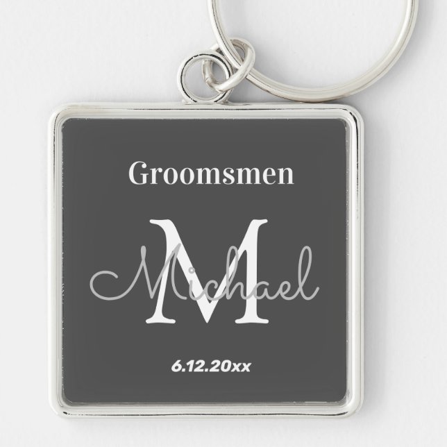 elegant personlig  bröllopsgäst svart vit fyrkantig silverfärgad nyckelring (Framsidan)