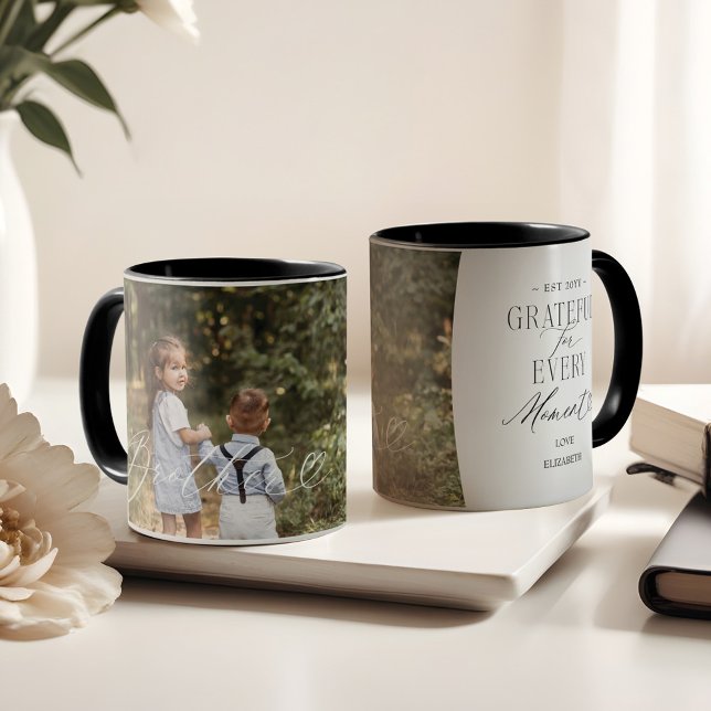Elegant Personlig Bror Foto BFF Minne Mugg (Brother Script Heart Grateful Every Moment Photo Mug)