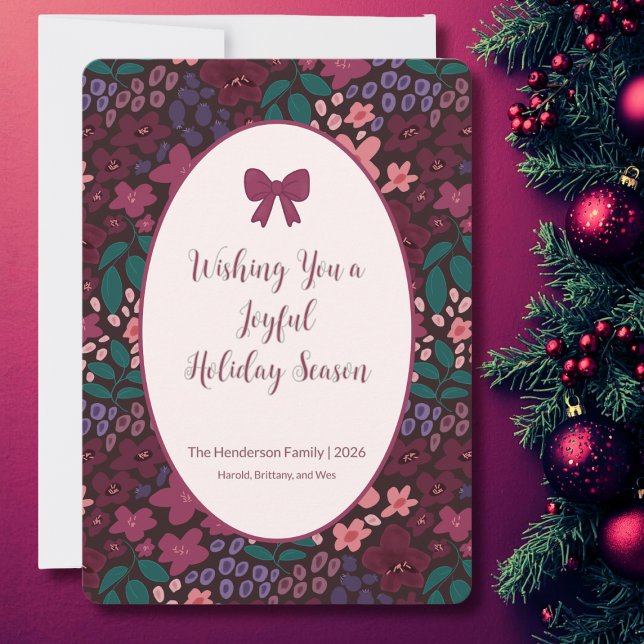 Elegant personlig burgunderfärgad blommig platt ko julkort (Elegant Burgundy Floral Holiday Card)