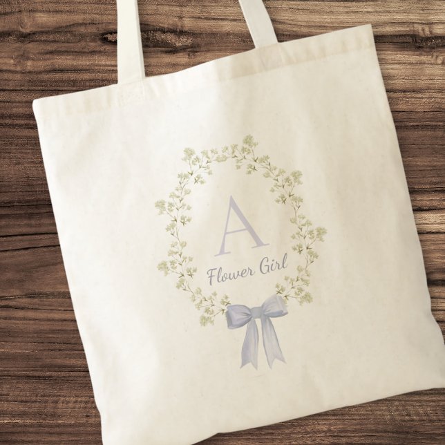 Elegant Personlig Första kute Bow Flower Girl Tygkasse (Cute flower girl tote bag with her initial and a dusty blue bow)