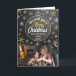 Elegant Personlig Jul Bauble Anpassningsbar Photo Helgkort<br><div class="desc">Julfotkort i elegant med svart och guld-bauble och snöflingor.</div>
