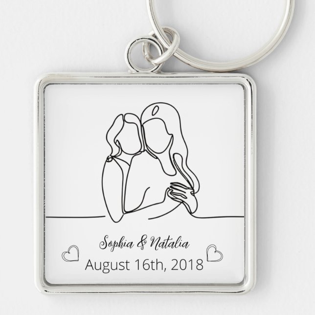 Elegant Personlig Line Art för lesbiskens årsdag Fyrkantig Silverfärgad Nyckelring (Framsidan)