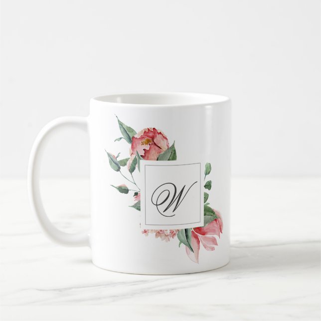 Elegant Personlig Monogram med Rosa ros Kaffemugg (Vänster)