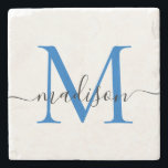 Elegant Personlig Monogram skript, marin blå Stenunderlägg<br><div class="desc">Elegant Personlig Stone-Underlägg med Namn Snyggt i markton,  svart monogramskript</div>