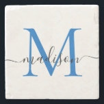 Elegant Personlig Monogram skript, marin blå Stenunderlägg<br><div class="desc">Elegant Personlig Stone-Underlägg med Namn Snyggt i markton,  svart monogramskript</div>