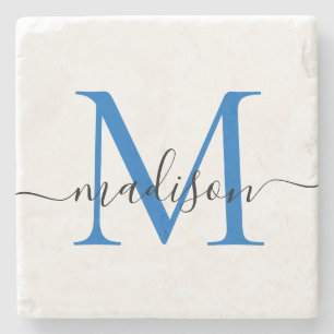 Elegant Personlig Monogram skript, marin blå Stenunderlägg