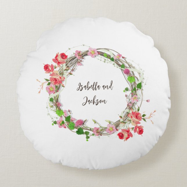 elegant personlig nygifta parnamn blom- rund kudde (Framsidan)